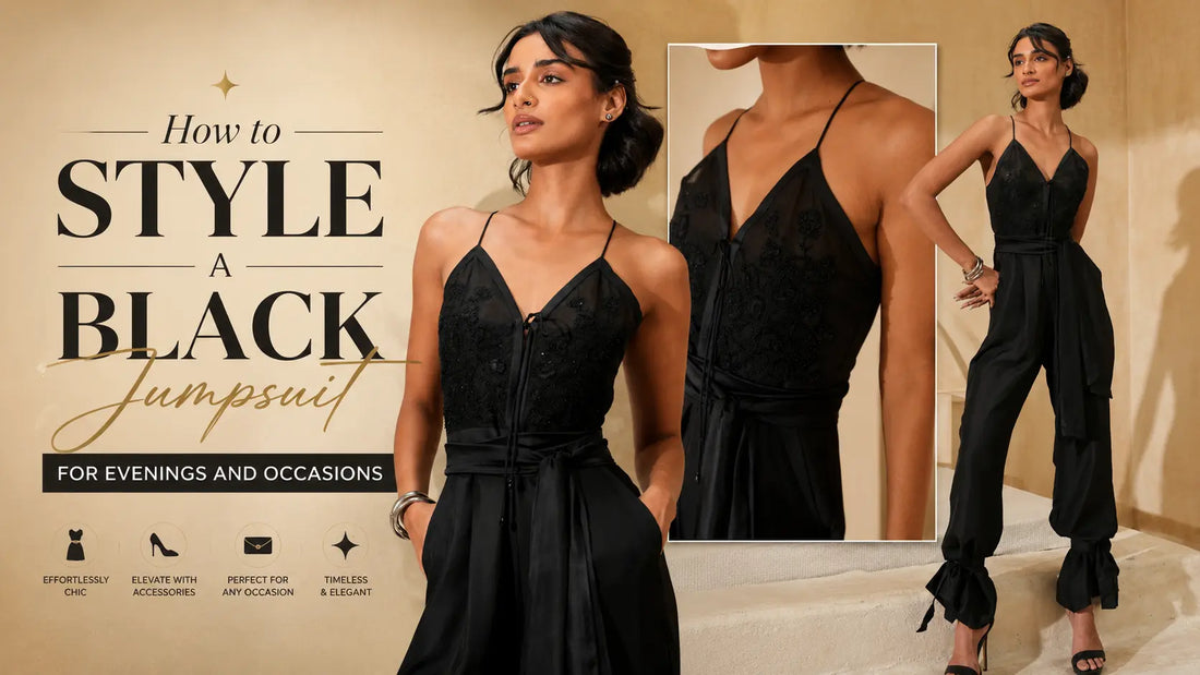 Black Flowy Jumpsuit by Label Nishtha Bansal — silk twill and organza jumpsuit for women, styled for evening