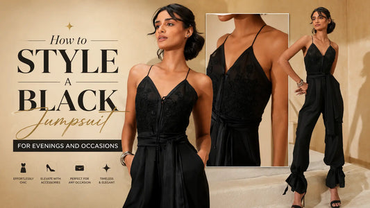 Black Flowy Jumpsuit by Label Nishtha Bansal — silk twill and organza jumpsuit for women, styled for evening