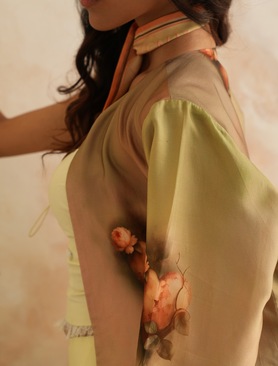 Satin Mirage Jacket showing floral print placement on sleeve