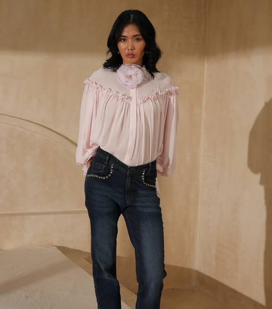 Soft Rose Shirt in pure georgette, pale pink ruffle-collar blouse