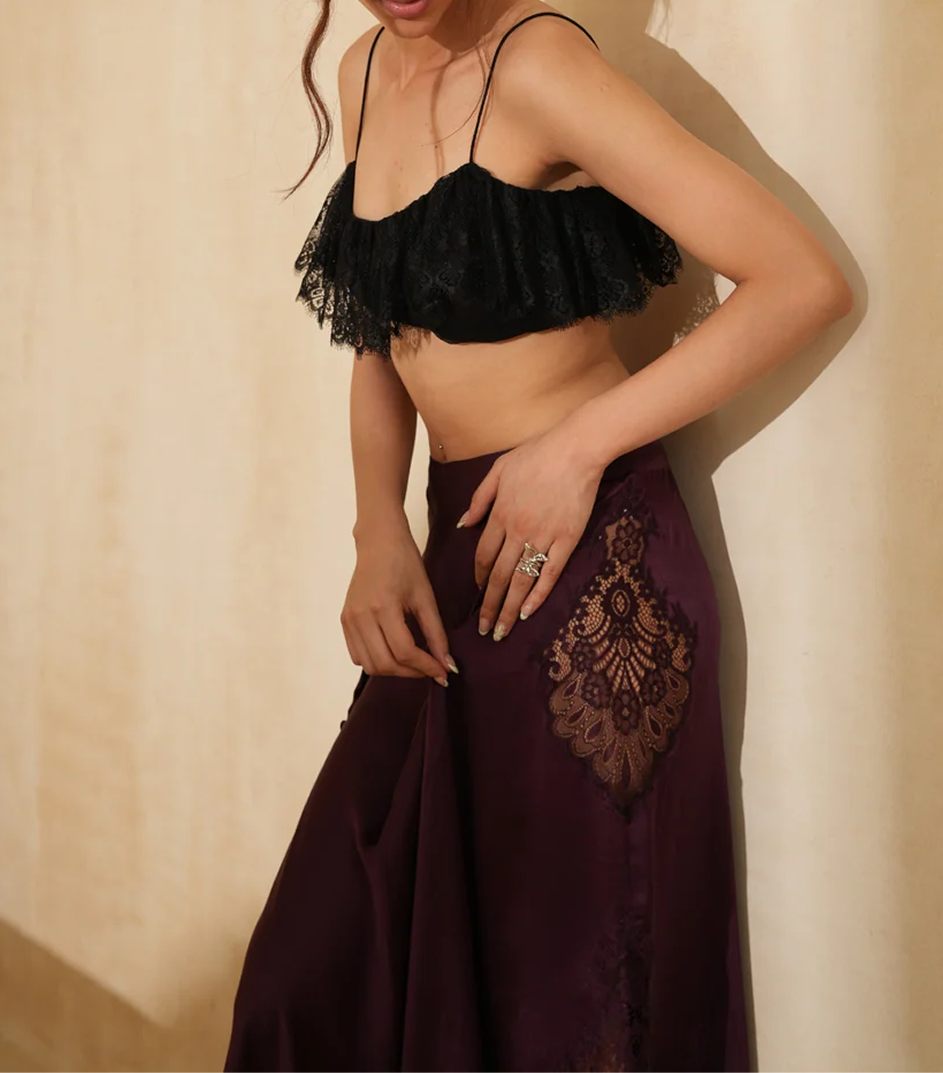 Burgundy Flow Skirt showing lace detail and fluid drape
