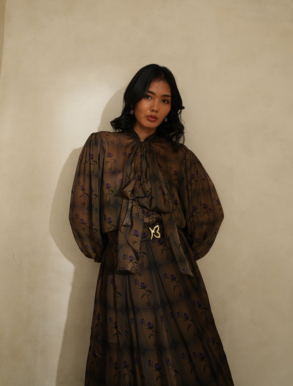 Butterfly Bloom Belt in olive drab styled with floral print outfit
