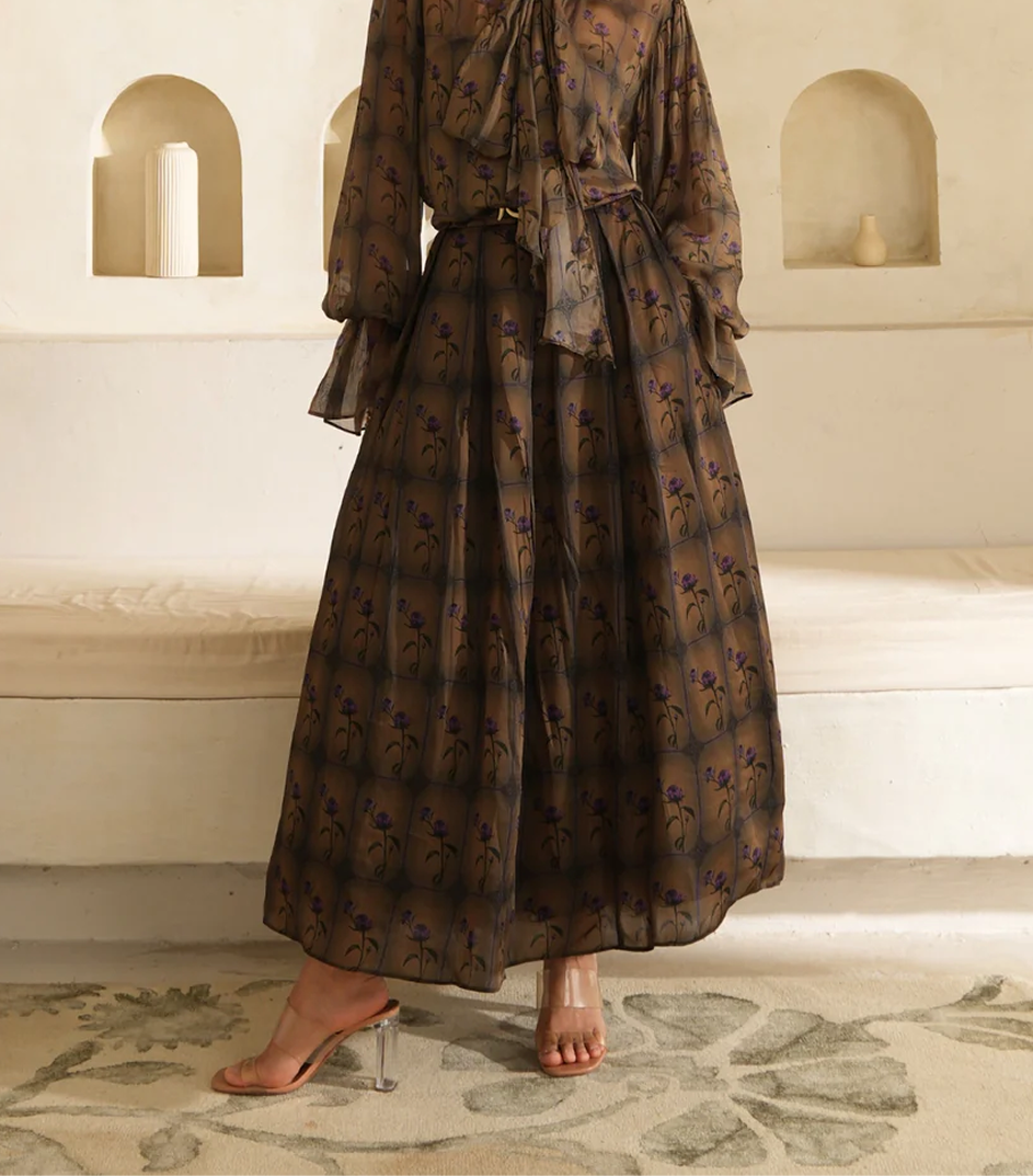 Grace Silk skirt in olive drab satin organza with floral print and fluid maxi silhouette