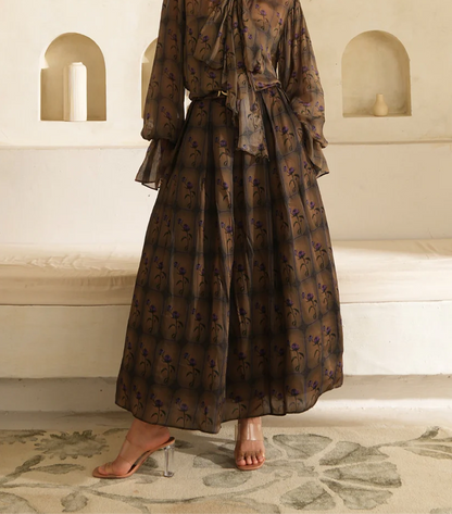 Grace Silk skirt in olive drab satin organza with floral print and fluid maxi silhouette