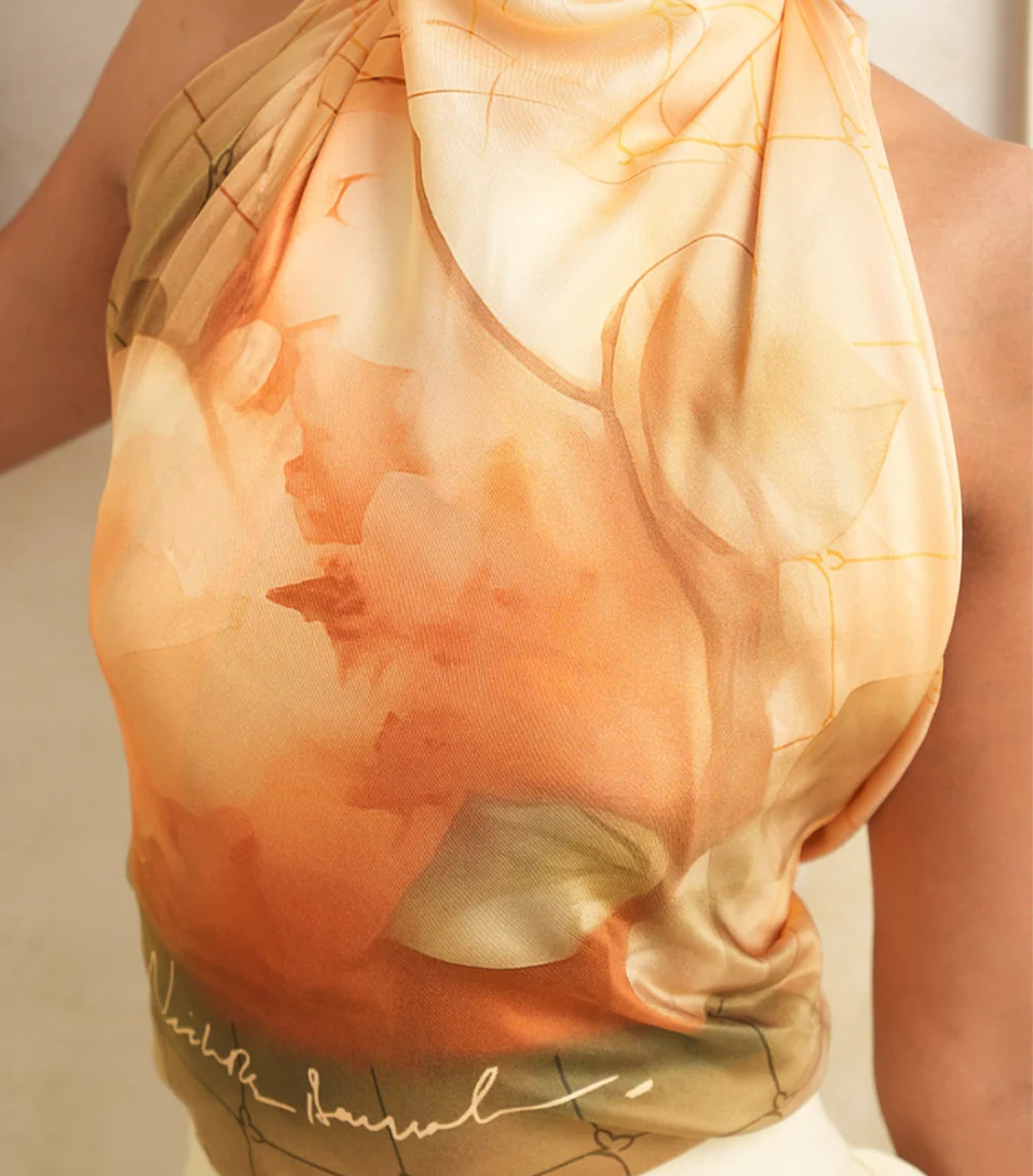 Sunset Silk scarf in silk twill with watercolour print, styled as halter top