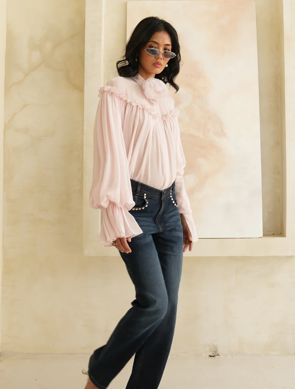 Soft Rose Shirt showing ruffle collar and gathered body in pale pink