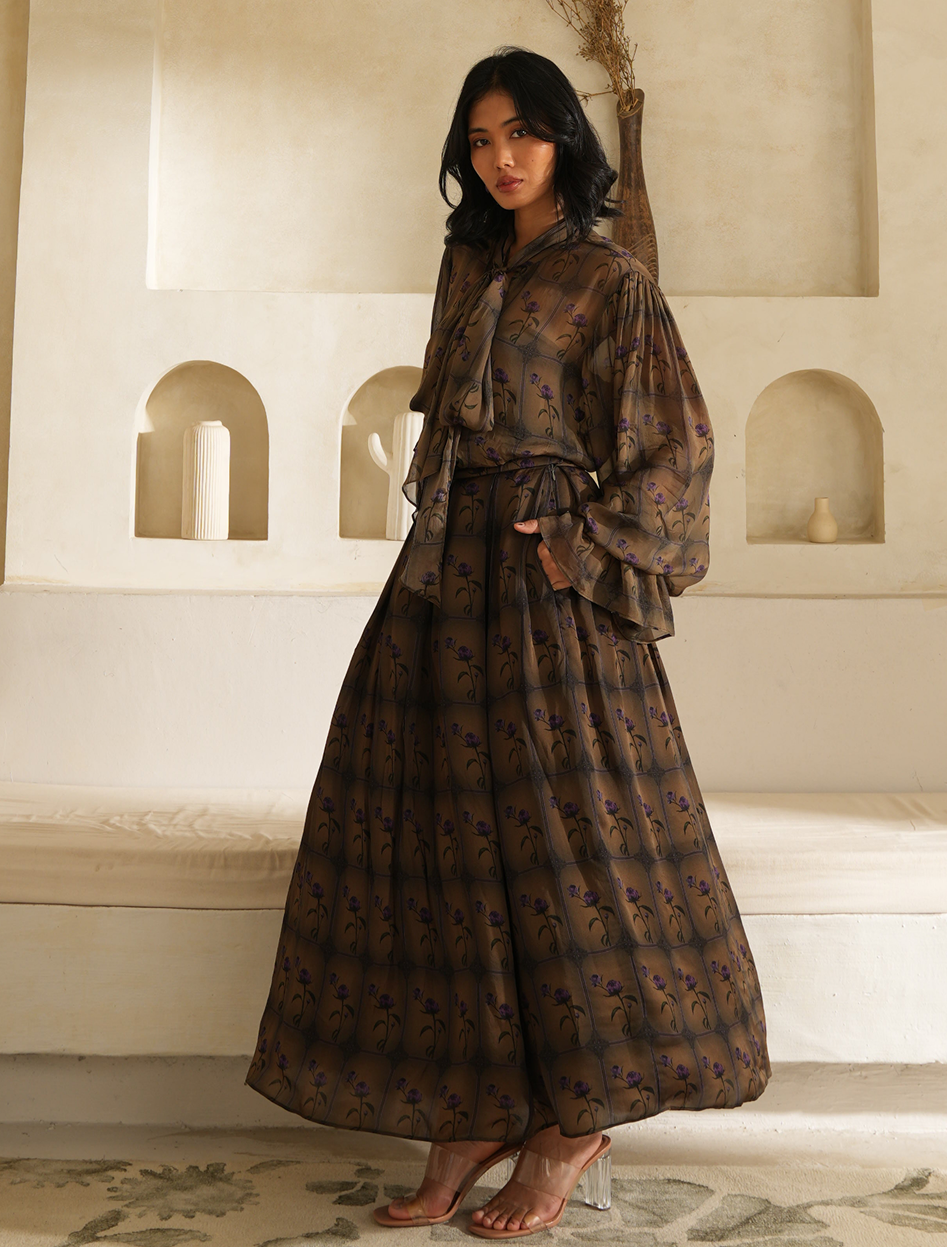 Grace Silk skirt in olive drab satin organza, floral print maxi