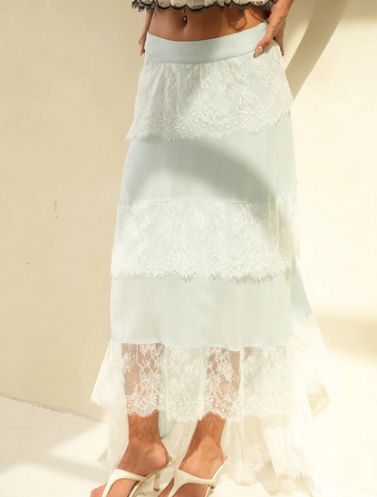 Moonstone Blue Skirt showing tiered lace hem in pastel blue