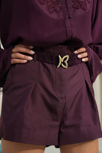 Gold Butterfly Belt in deep plum with gold butterfly buckle