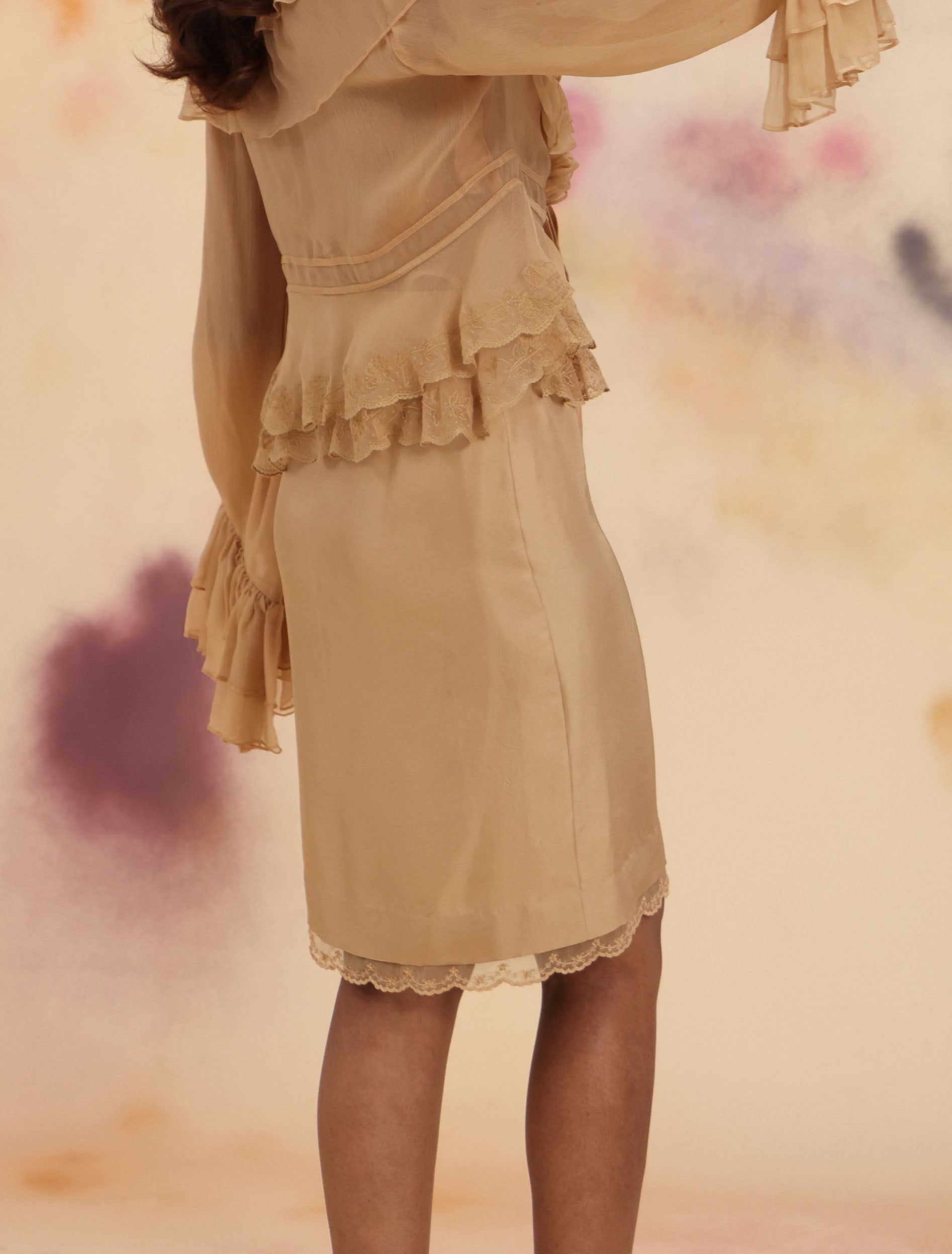 Side view of Laced Half-Hip Midi Skirt - Toasted Almond showing lace hem detail