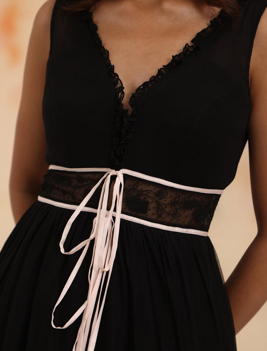 Ribbon-Tie Flared Midi Dress