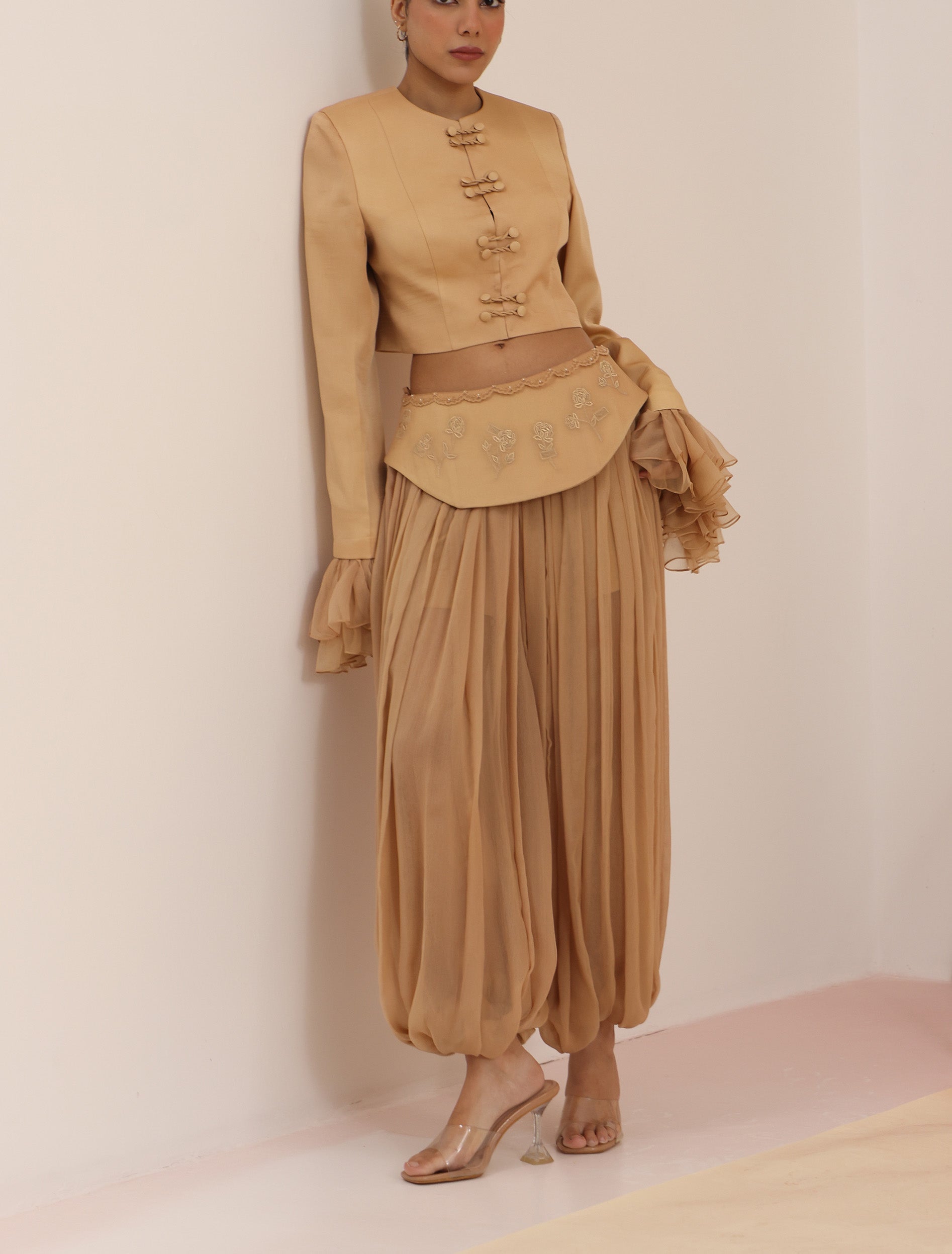 Side view of Sculpt Dhoti Pants - Toasted Almond with draped contemporary silhouette