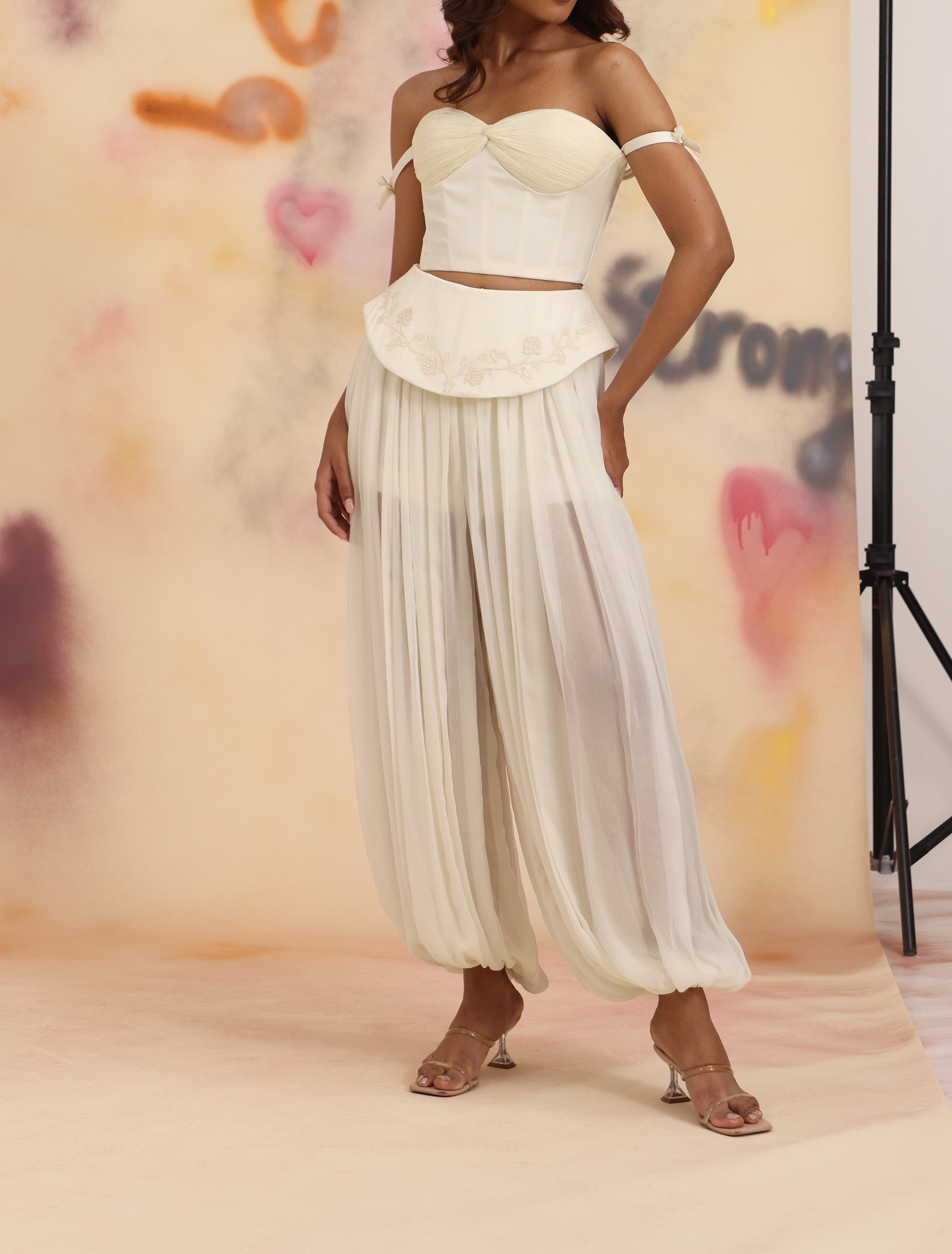 Sculpt Dhoti Pants - Cloud Dancer with draped fluid silhouette and embroidered yoke