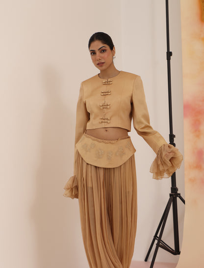 Ruffled Cuff Napolean Jacket - Toasted Almond structured cropped jacket with ruffled cuffs
