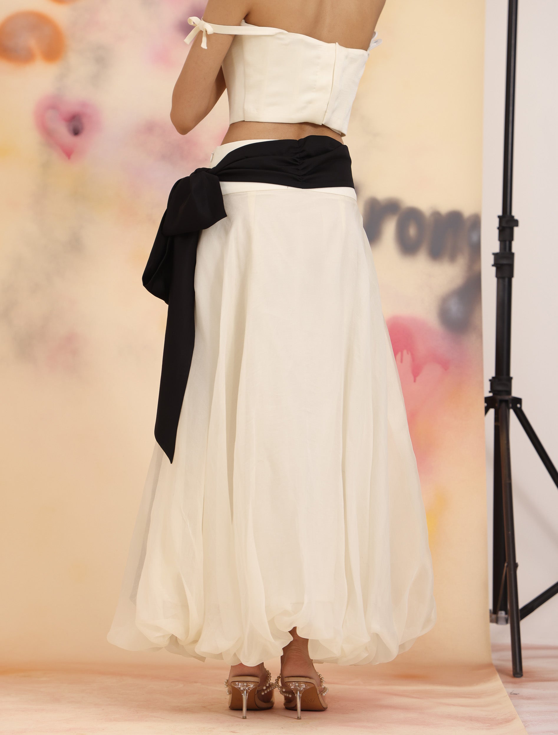 Cloud Hem Bow Skirt - Cloud Dancer showing bubble hem and elongated tie-up bow