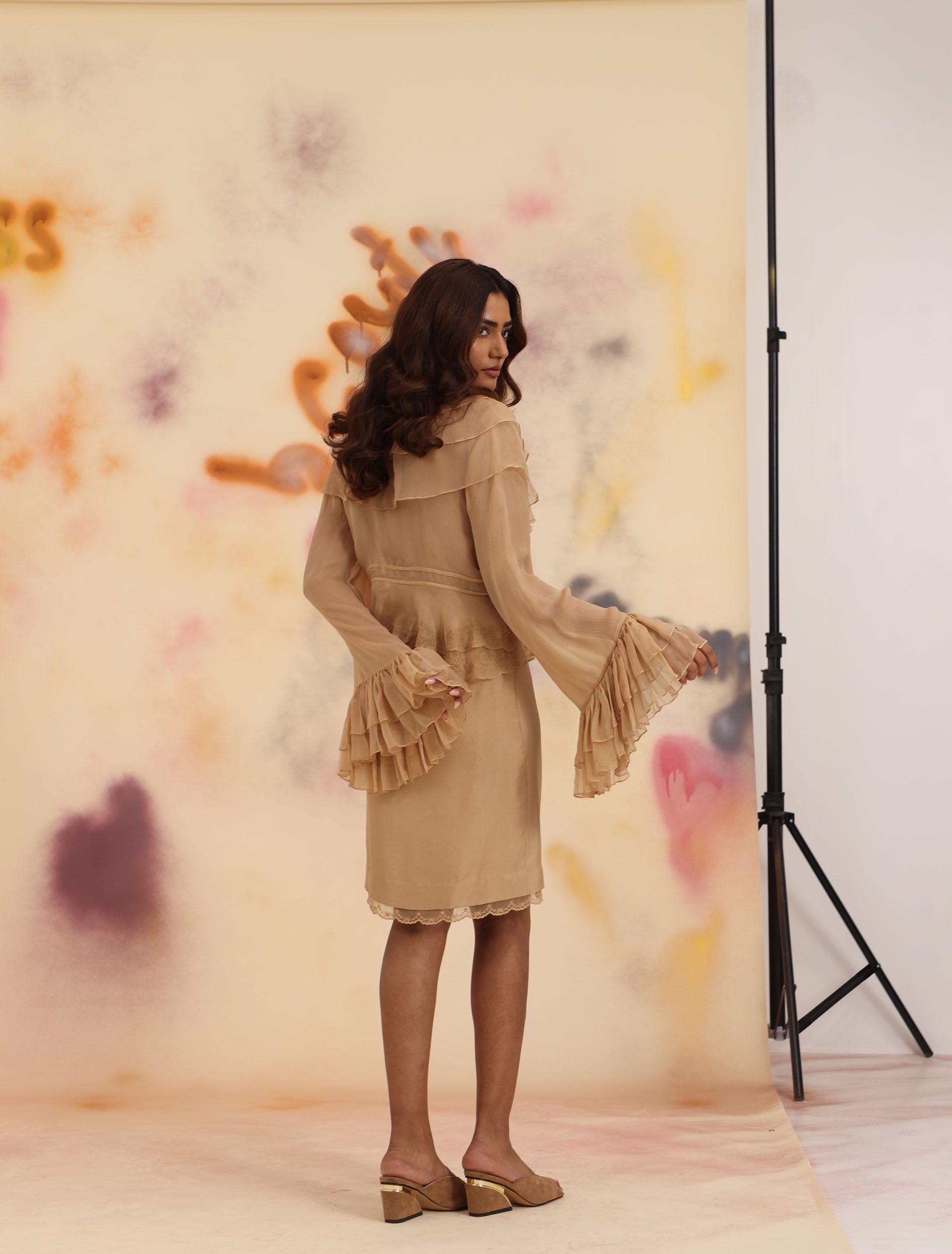 Sheer Ruffle Shirt - Toasted Almond | Designer Top – Nishtha Bansal