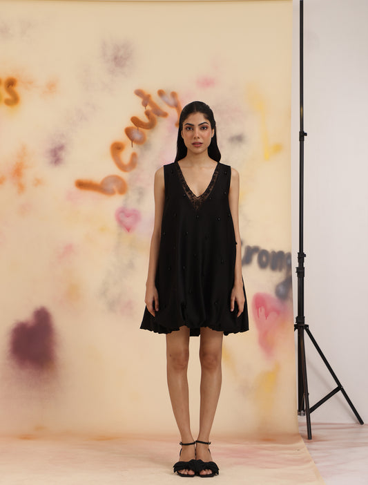Cloud Hem Embellished Dress - Black